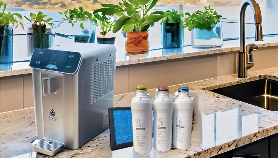 Water filtration system on a kitchen counter with bottles and plants in the background.