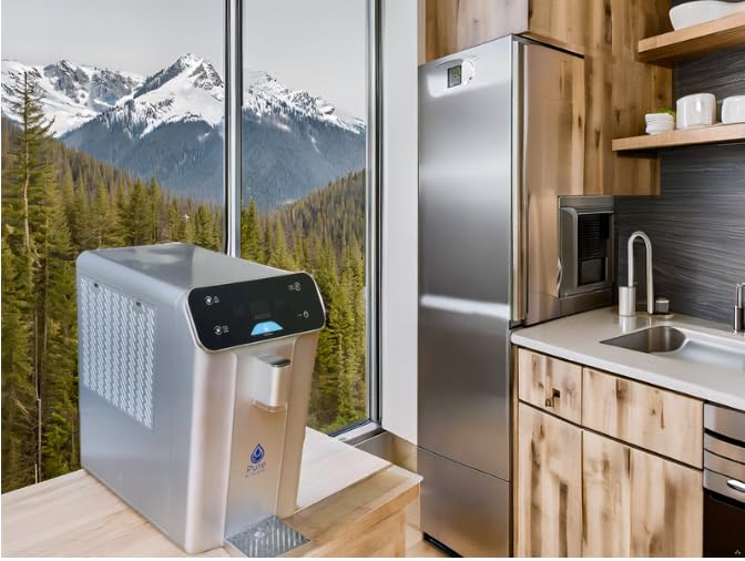 Modern kitchen with an Atmospheric Water Generator and mountain view