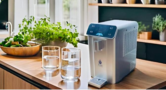 Atmospheric Water Generator on a kitchen counter with glasses of water and plants.