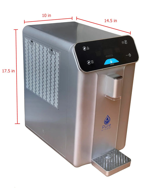 Pure AirWater atmospheric water generator with touch display, dimensions shown, sleek silver design