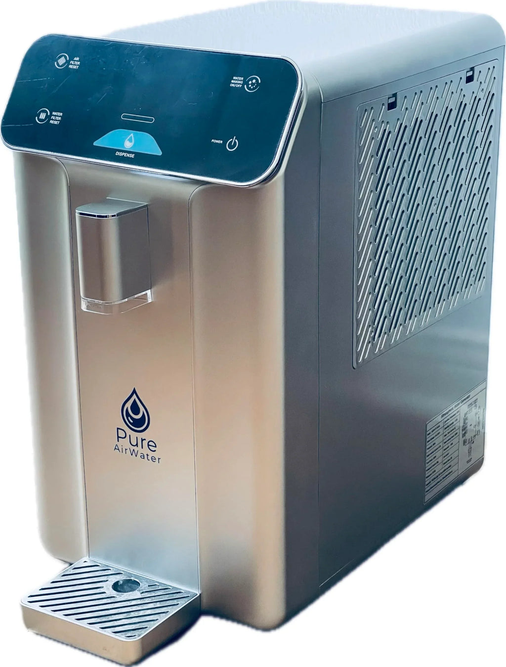 Pure AirWaterAtmospheric Water Generator with digital display on a white background