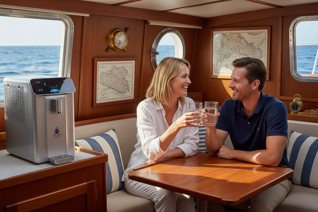 Couple enjoying pure air water on a boat with an atmospheric water generator in the foreground.