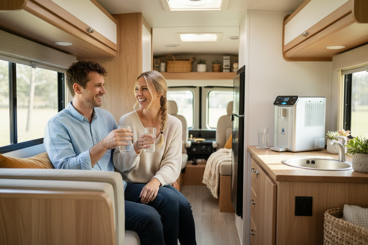 Atmospheric Water Generator - Couple inside a modern RV interior, enjoying pure air water together.