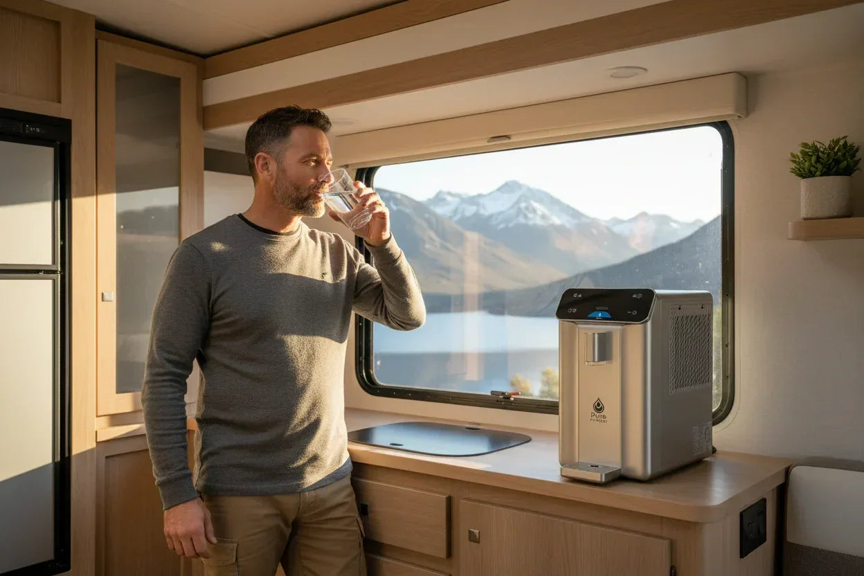 A young man enjoying Air Water from an atmospheric water generator in a RV
